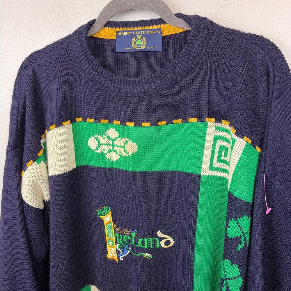 Blarney Castle‎ Designs Sweater Mens Large Blue Ireland Shamrock Knit Pullover